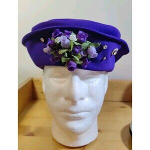 Vtg Purple Floral Church Dress Hat Rhinestones Handmade ~20" Inside